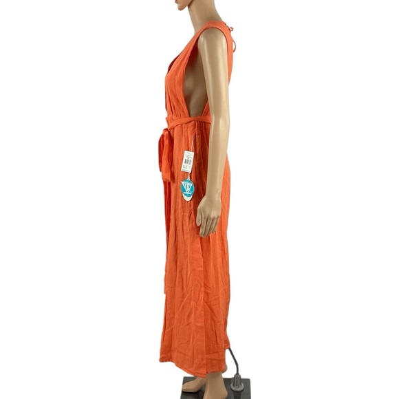 WET Vermillion Orange Plunge Neck Jumpsuit Linen Blend XS - Picture 4 of 7